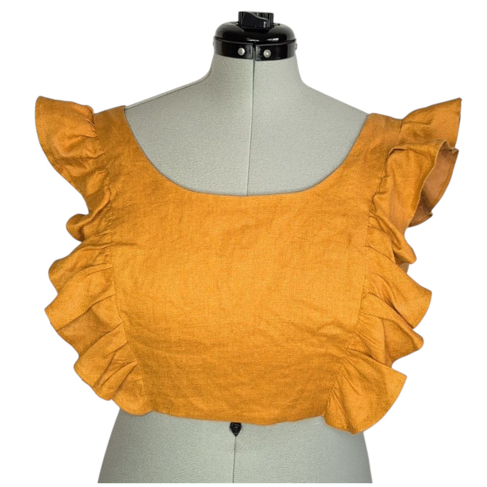 adL burnt orange cropped back tie linen top with side ruffles, women's large